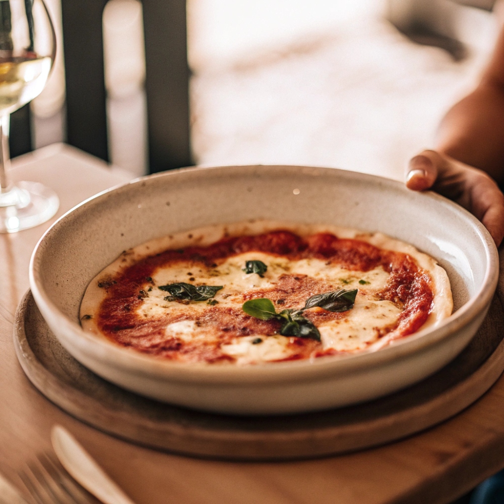 Prato de cozinha italiana com apresentação elegante inspirado em pizza e massas artesanais