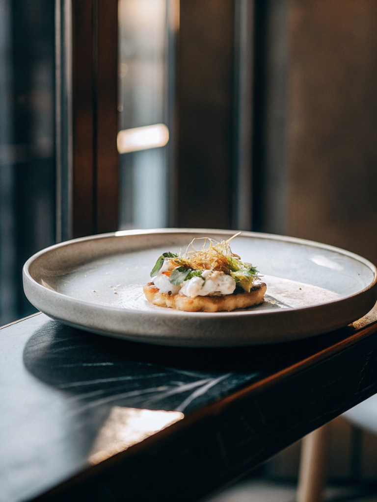 Prato contemporâneo com ingredientes frescos que representam os sabores do mercado da vila